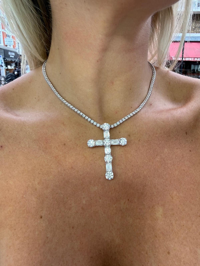 Lab-grown diamond tennis necklace in 9ct white gold, worn with the cross pendant