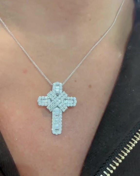 Natural diamond baguette cross pendant, worn