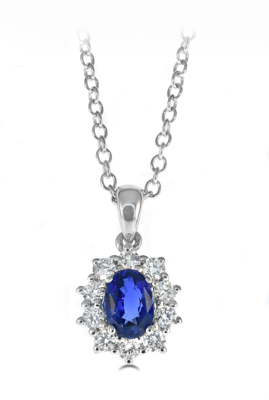 Oval Sapphire with a Diamond Halo Pendant