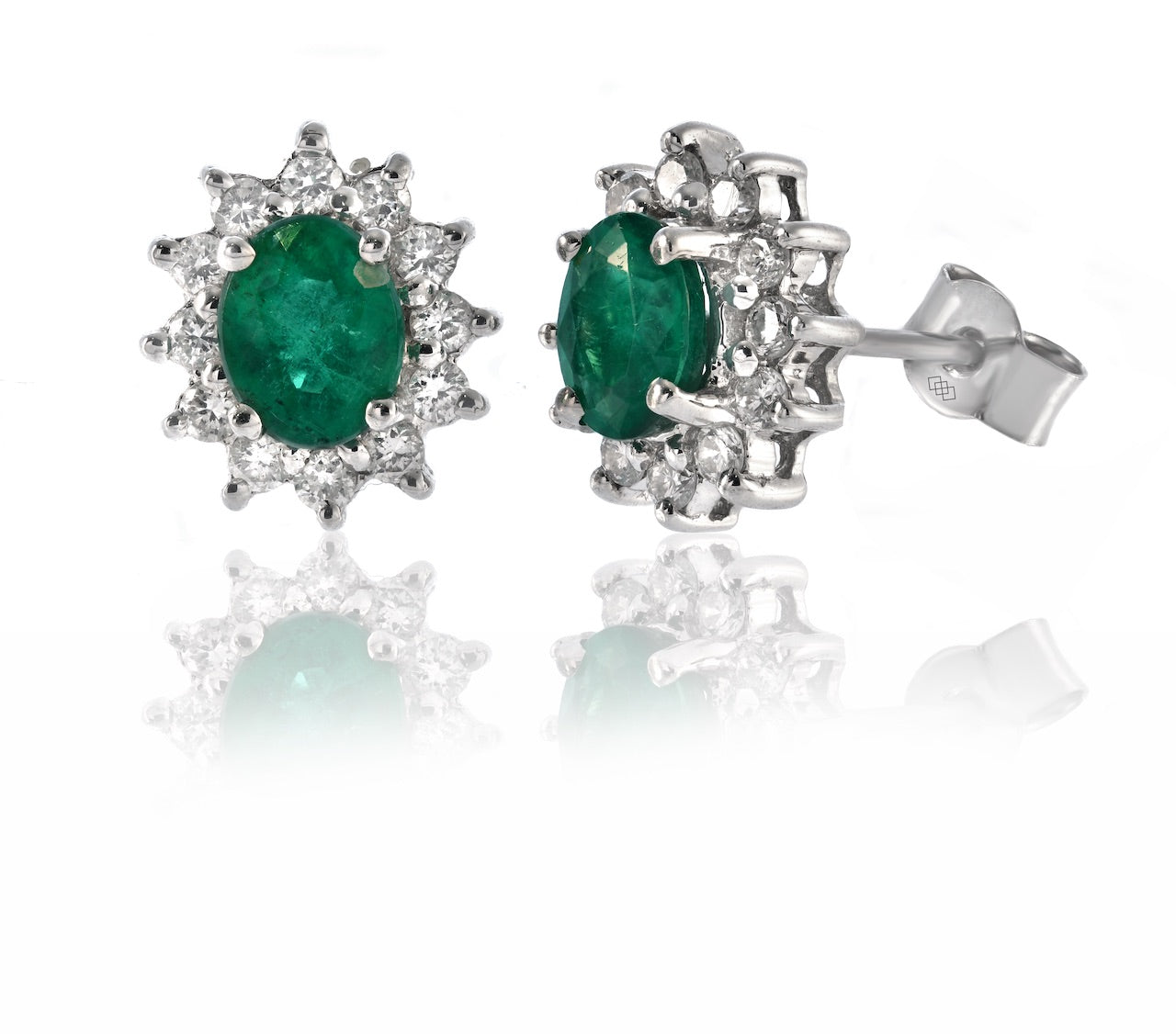 Earrings - Oval Cut Emerald Diamond Halo Stud Earrings