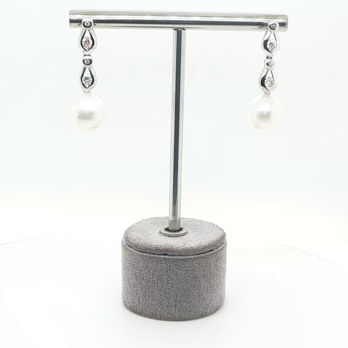 Elegant Round Pearl and Brilliant Cut Diamond Drop Earrings in White Gold