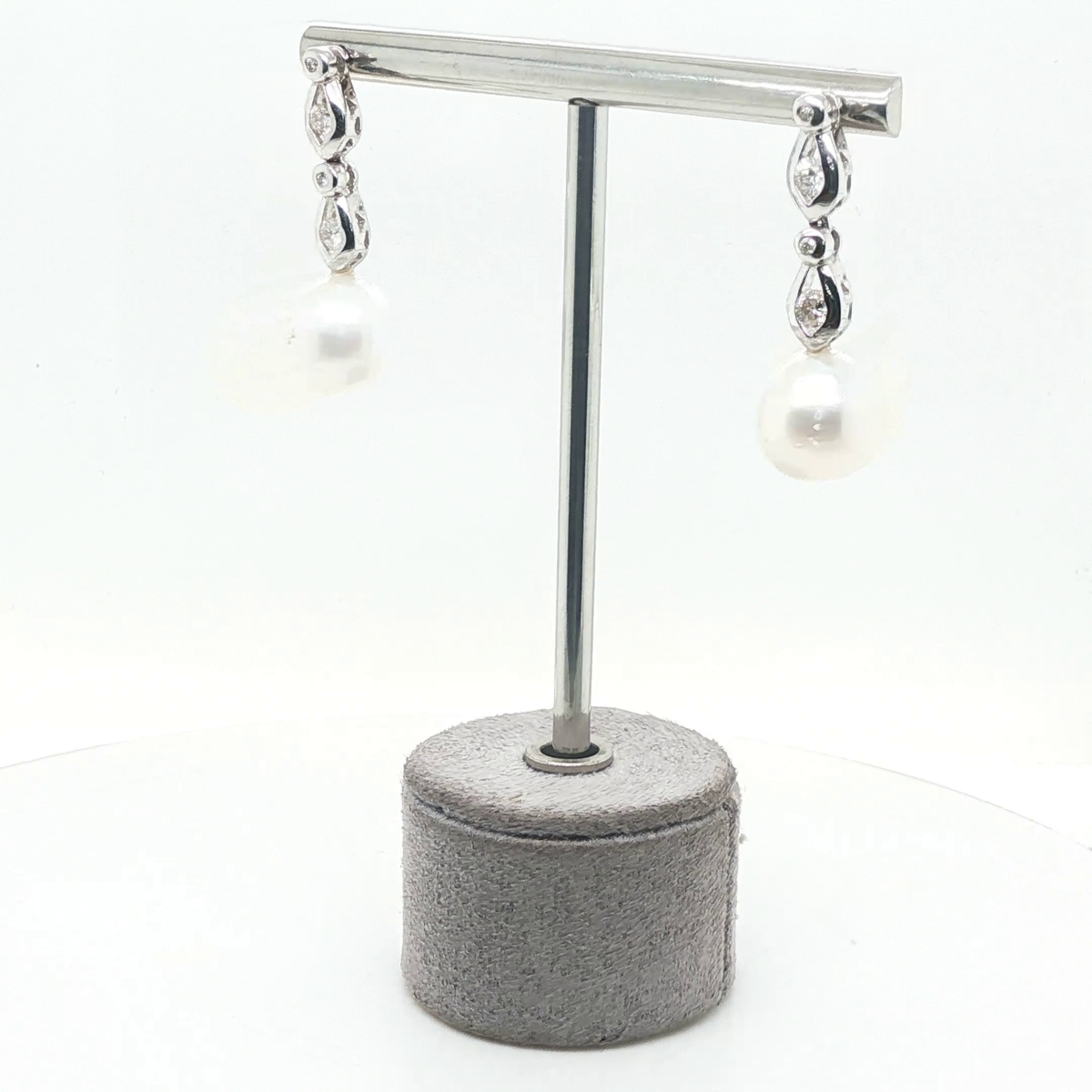 Elegant Round Pearl and Brilliant Cut Diamond Drop Earrings in White Gold