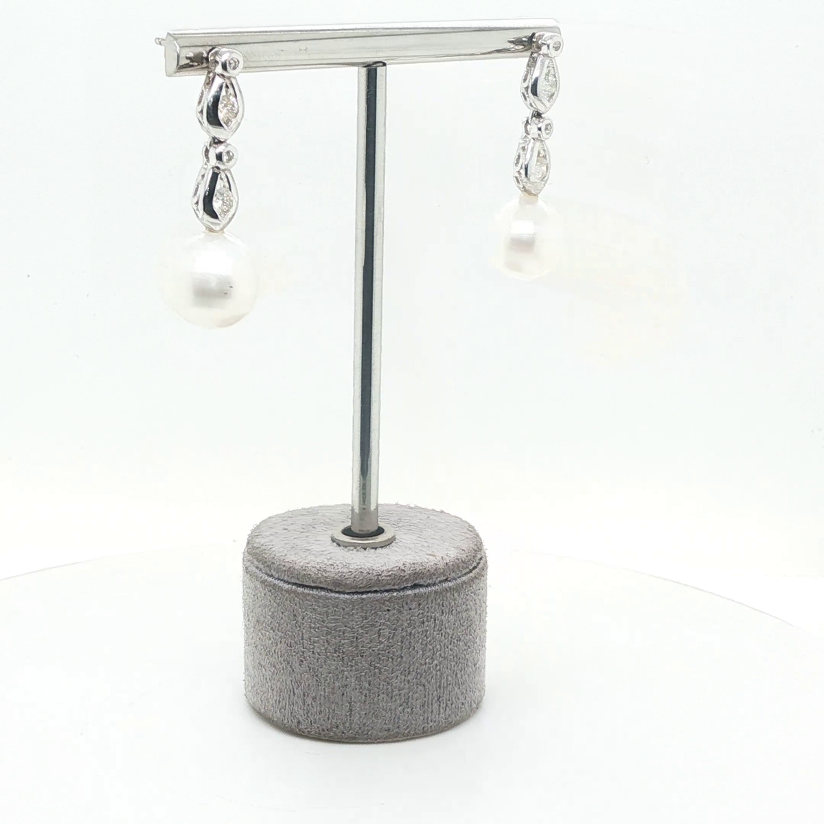 Elegant Round Pearl and Brilliant Cut Diamond Drop Earrings in White Gold