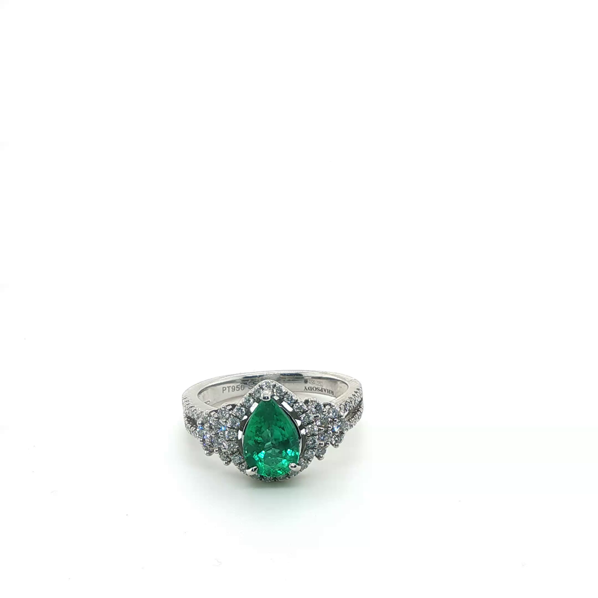 Elegant Pear Cut Emerald Solitaire Cocktail Ring in Polished Platinum