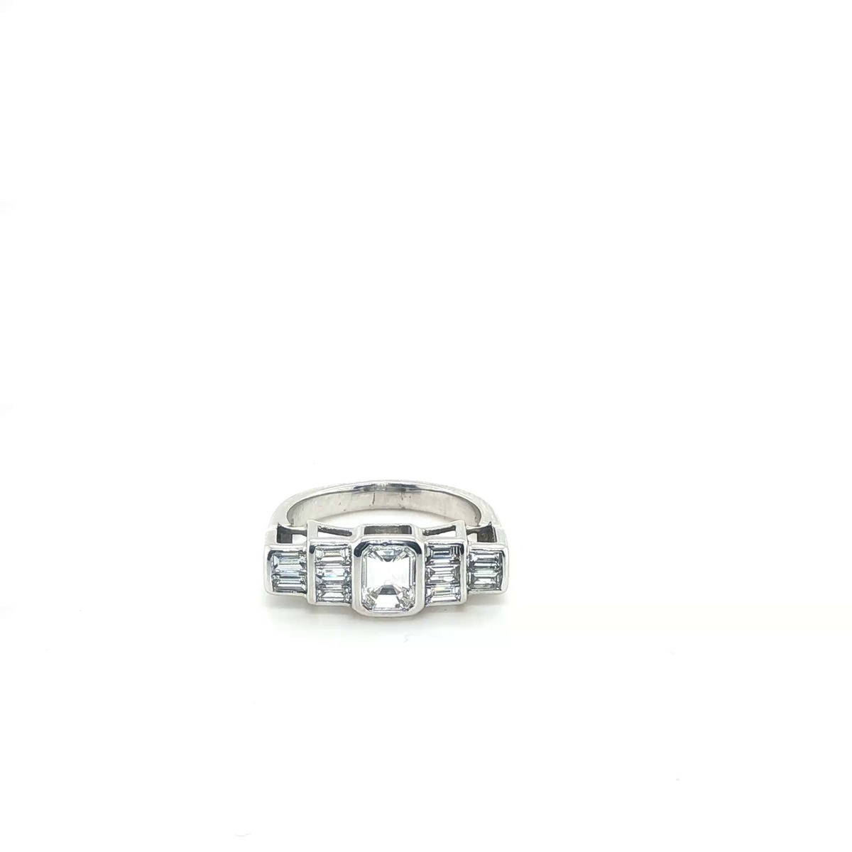 Emerald Cut Diamond Multistone Ring in White Gold with Pave Set Accents