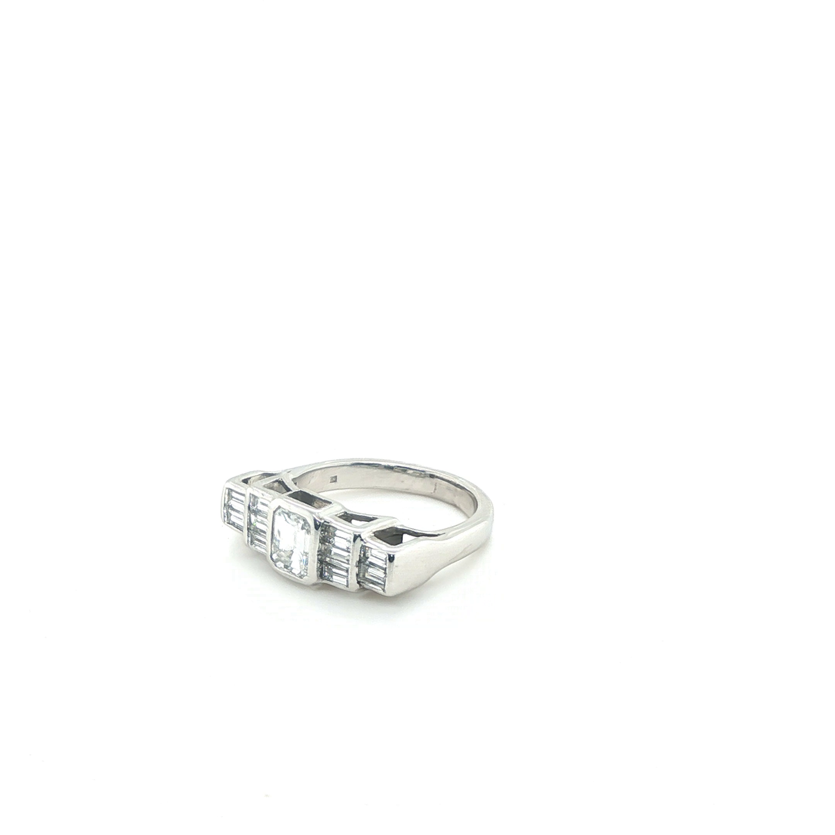 Emerald Cut Diamond Multistone Ring in White Gold with Pave Set Accents
