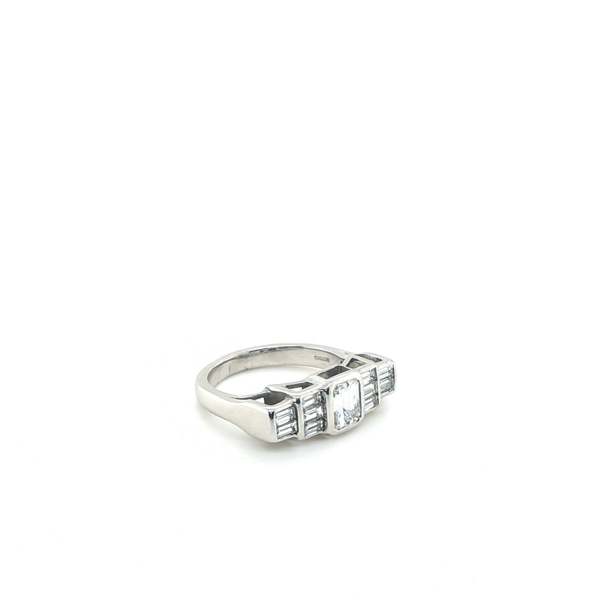 Emerald Cut Diamond Multistone Ring in White Gold with Pave Set Accents
