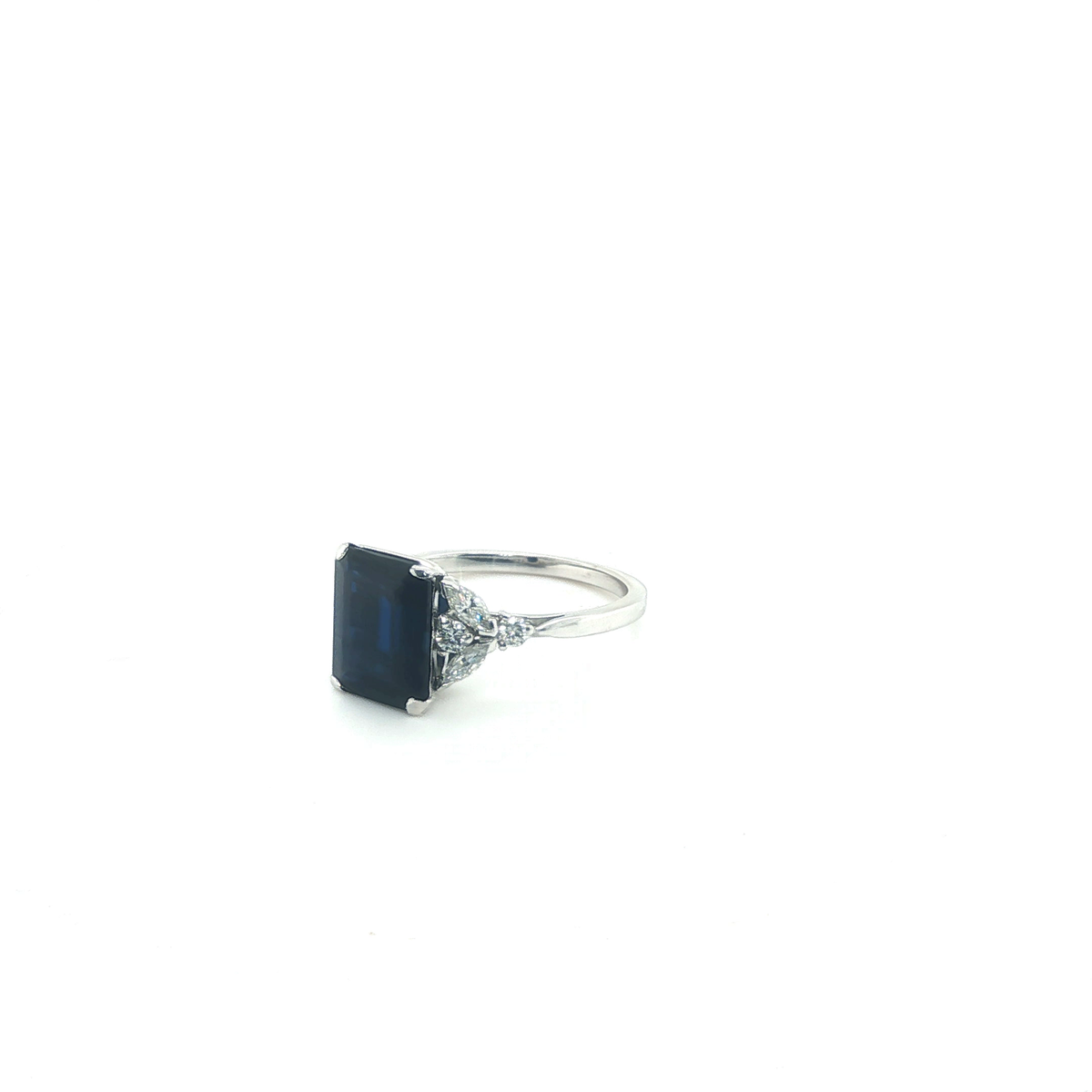 Emerald-Cut Blue Sapphire and Diamond Three-Stone Ring in White Gold
