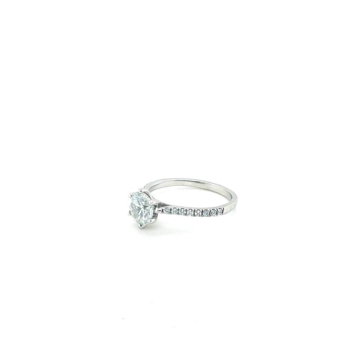 Round Brilliant Cut Diamond Six-Prong Solitaire Ring with Pavé-Set Band in White Gold