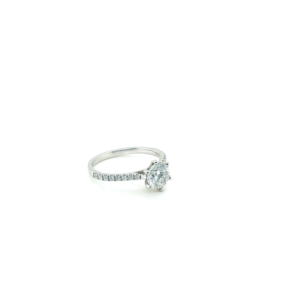 Round Brilliant Cut Diamond Six-Prong Solitaire Ring with Pavé-Set Band in White Gold