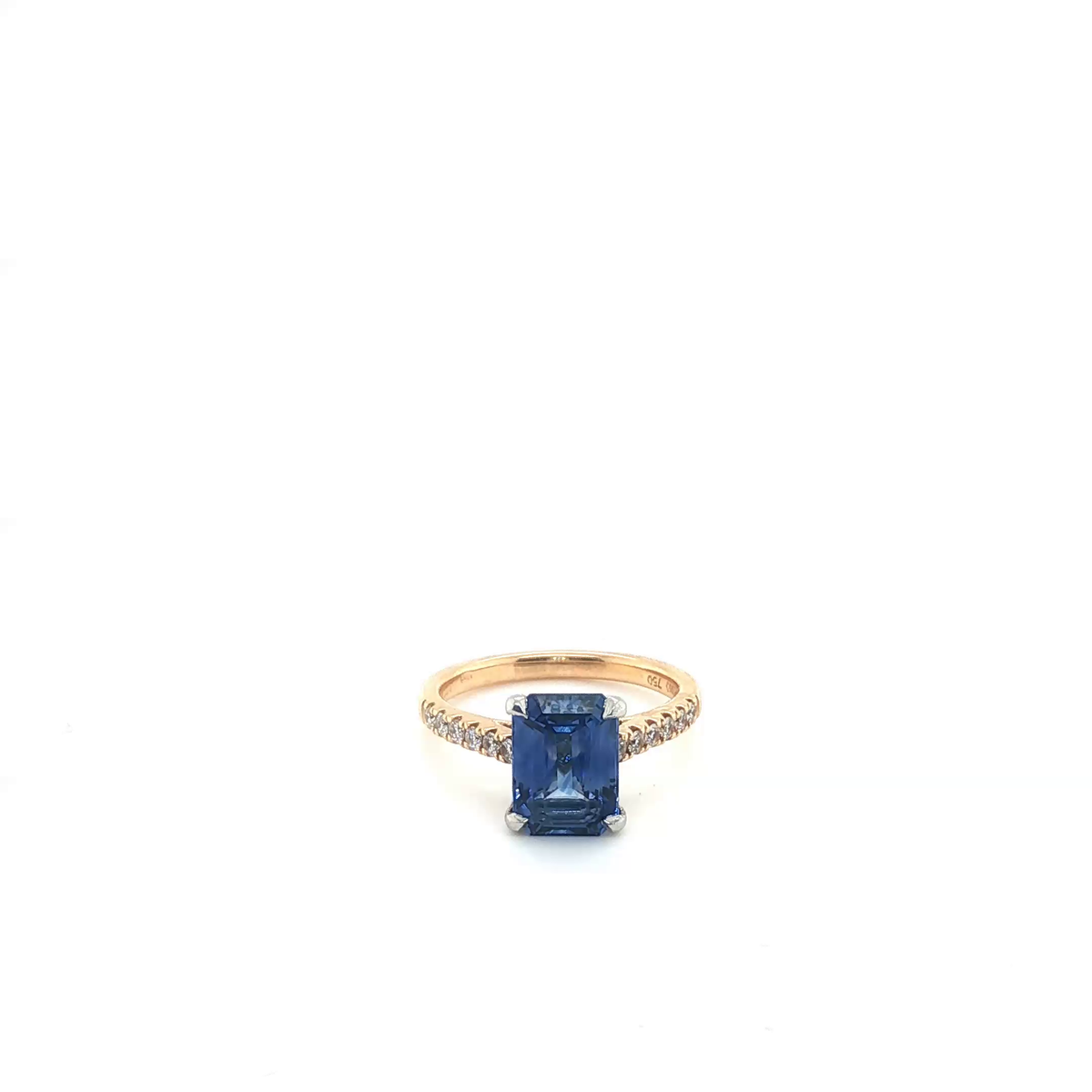 Emerald-Cut Blue Sapphire Pavé Diamond Ring in Rose Gold