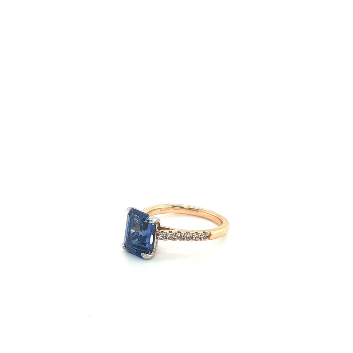 Emerald-Cut Blue Sapphire Pavé Diamond Ring in Rose Gold