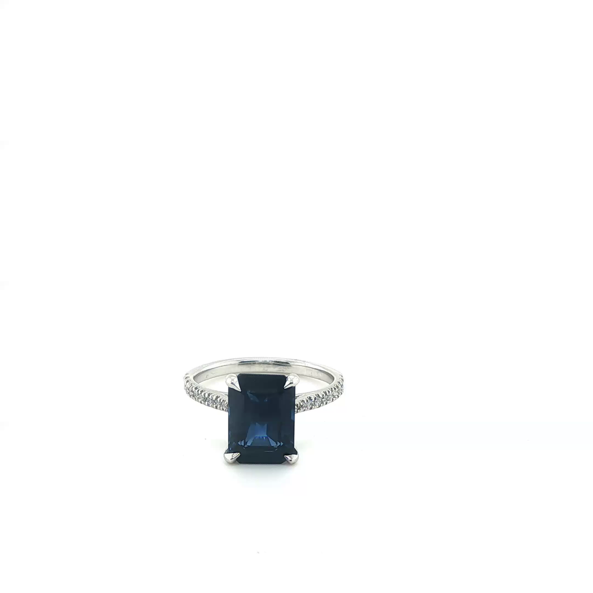 Emerald-Cut Deep Blue Sapphire Ring with Diamond-Accented Platinum Band