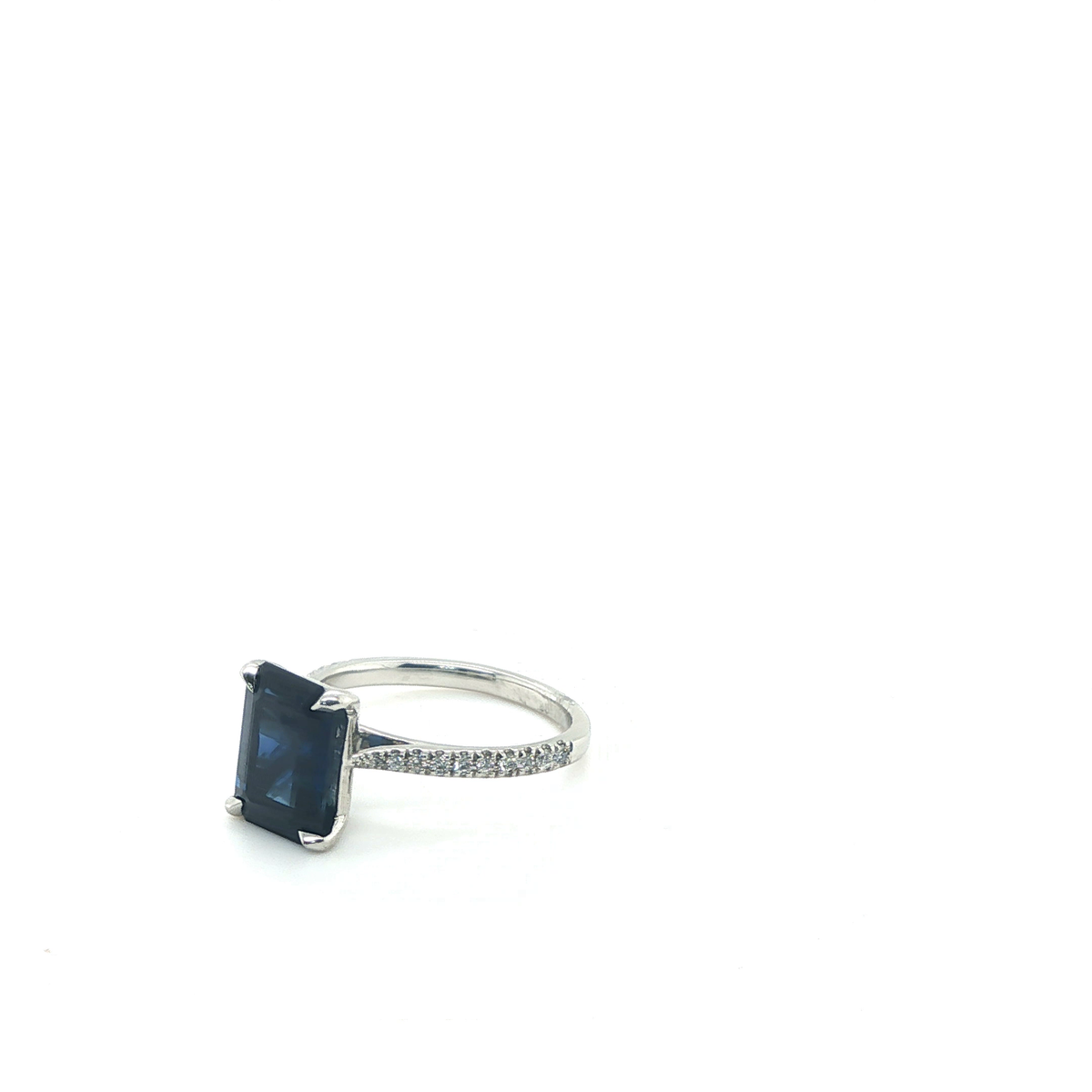 Emerald-Cut Deep Blue Sapphire Ring with Diamond-Accented Platinum Band