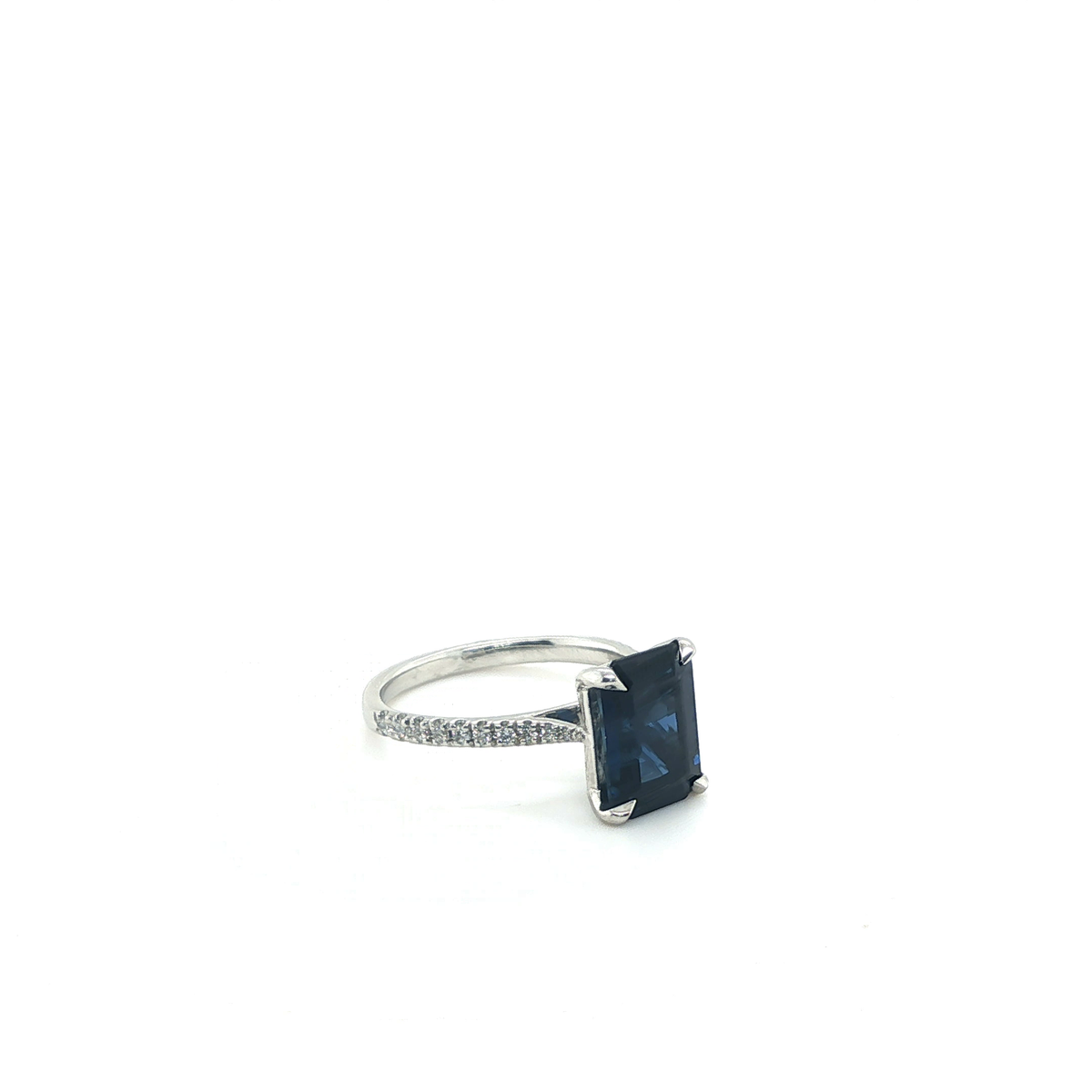 Emerald-Cut Deep Blue Sapphire Ring with Diamond-Accented Platinum Band