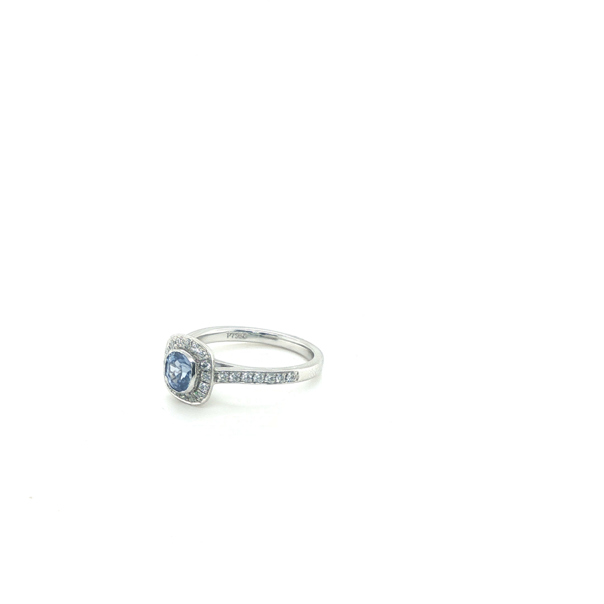Oval Blue Sapphire Cushion Halo Diamond Engagement Ring in Platinum