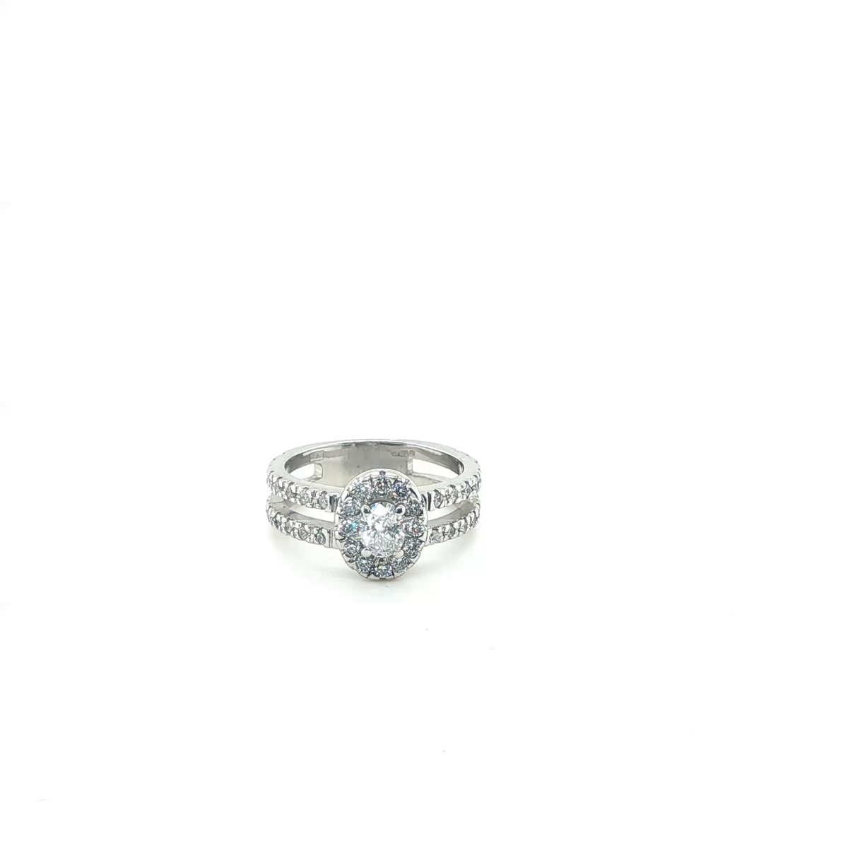Oval Cut Diamond Halo Engagement Ring with Pavé-Set Split Shank in White Gold