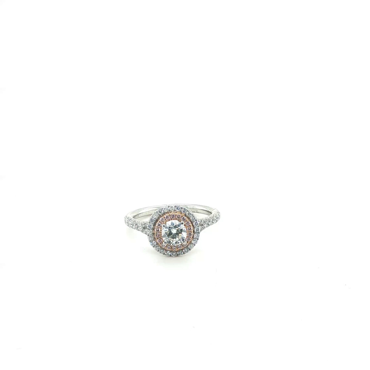 Round Brilliant Diamond Double Halo Engagement Ring with Pink Diamond Accent