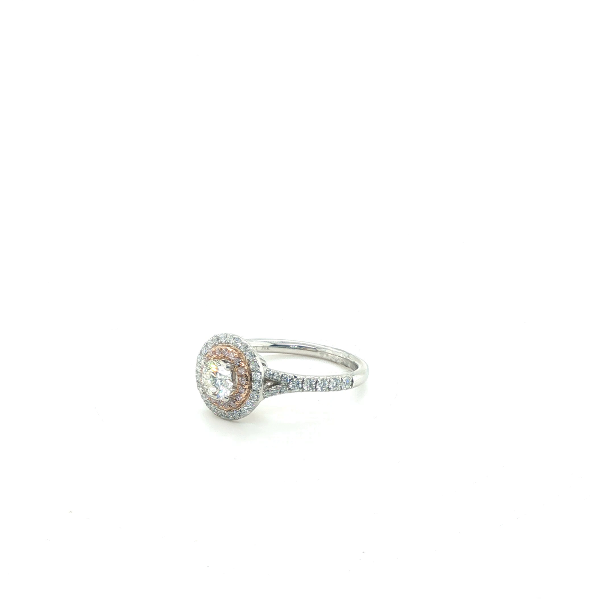 Round Brilliant Diamond Double Halo Engagement Ring with Pink Diamond Accent
