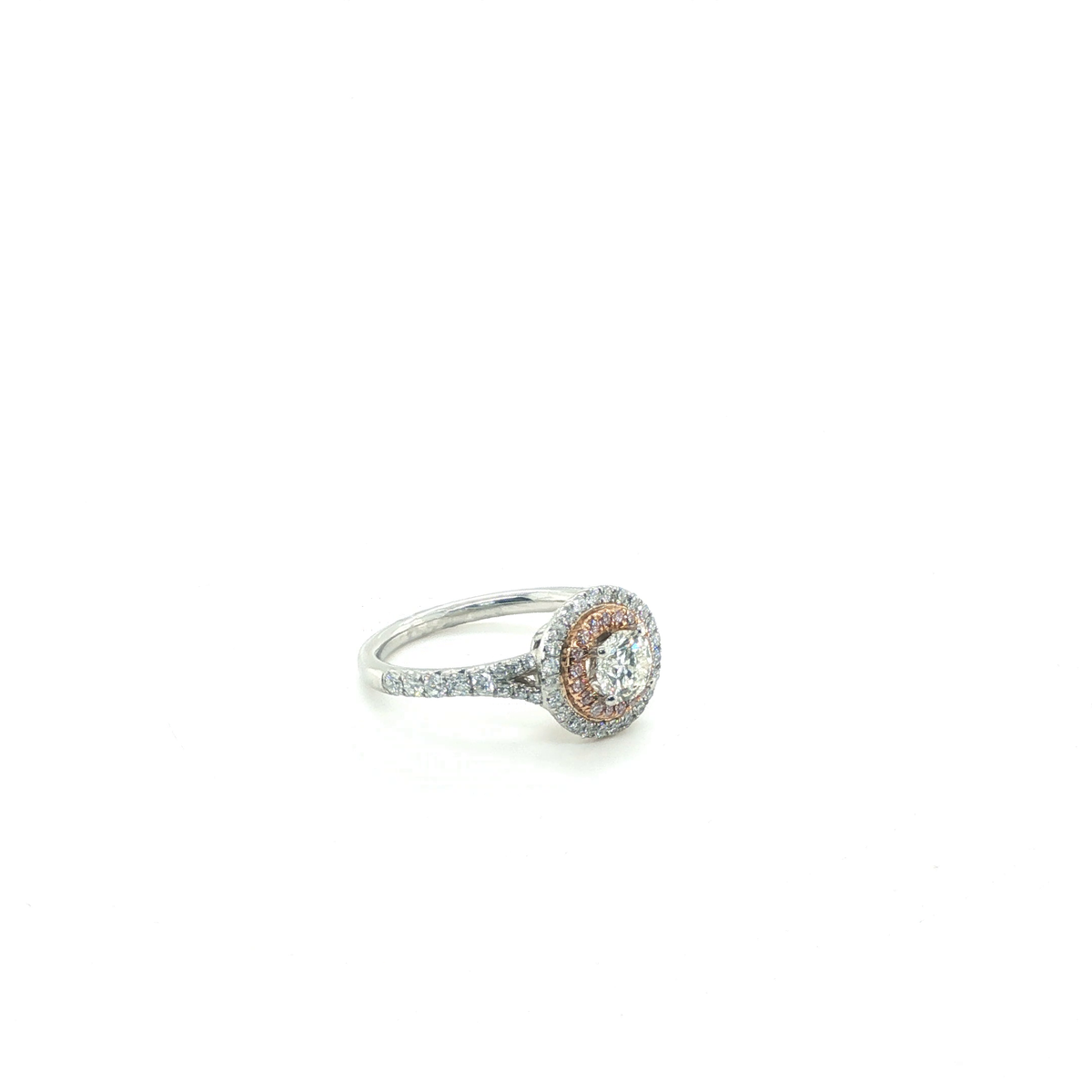 Round Brilliant Diamond Double Halo Engagement Ring with Pink Diamond Accent