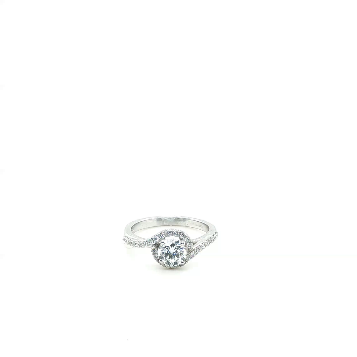 Round Brilliant Diamond Bypass Halo Engagement Ring in 18k White Gold