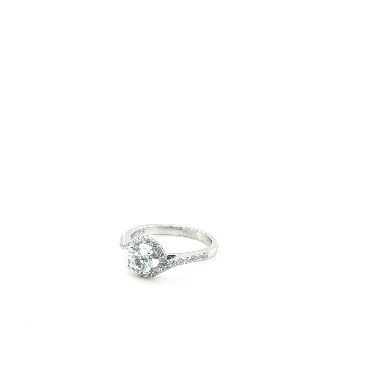 Round Brilliant Diamond Bypass Halo Engagement Ring in 18k White Gold