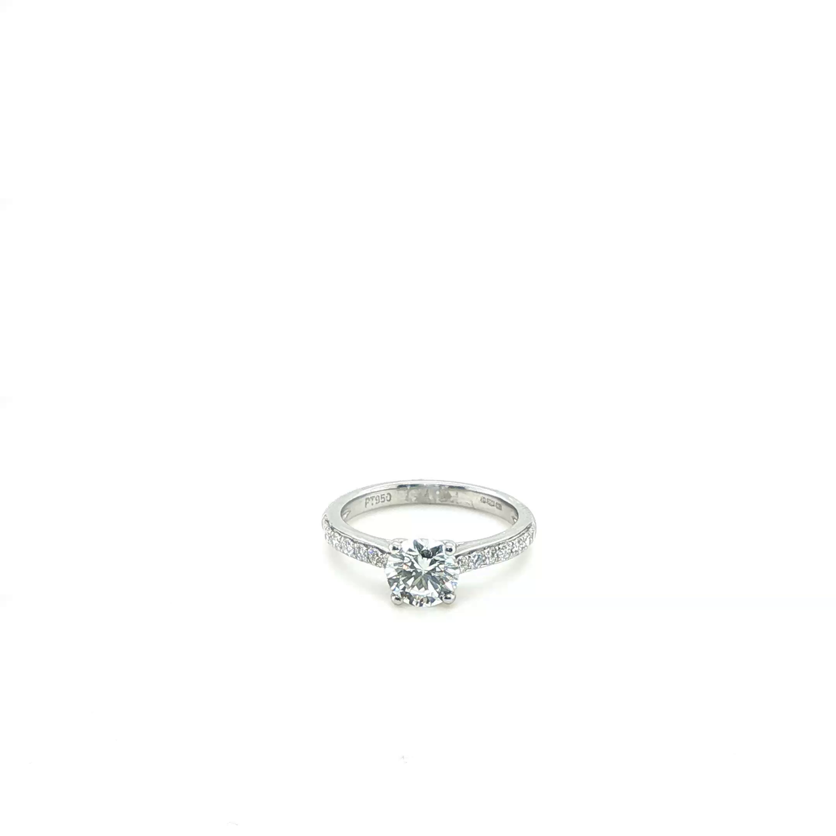 Round Brilliant-Cut Diamond Platinum Engagement Ring with Pavé-Set Band