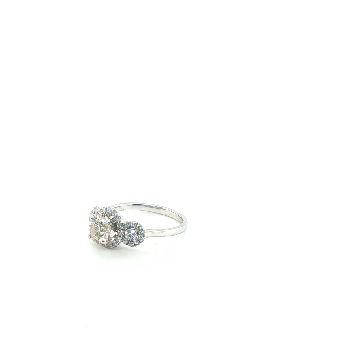 Round Brilliant Cut Diamond Three-Stone Halo Engagement Ring in White Gold