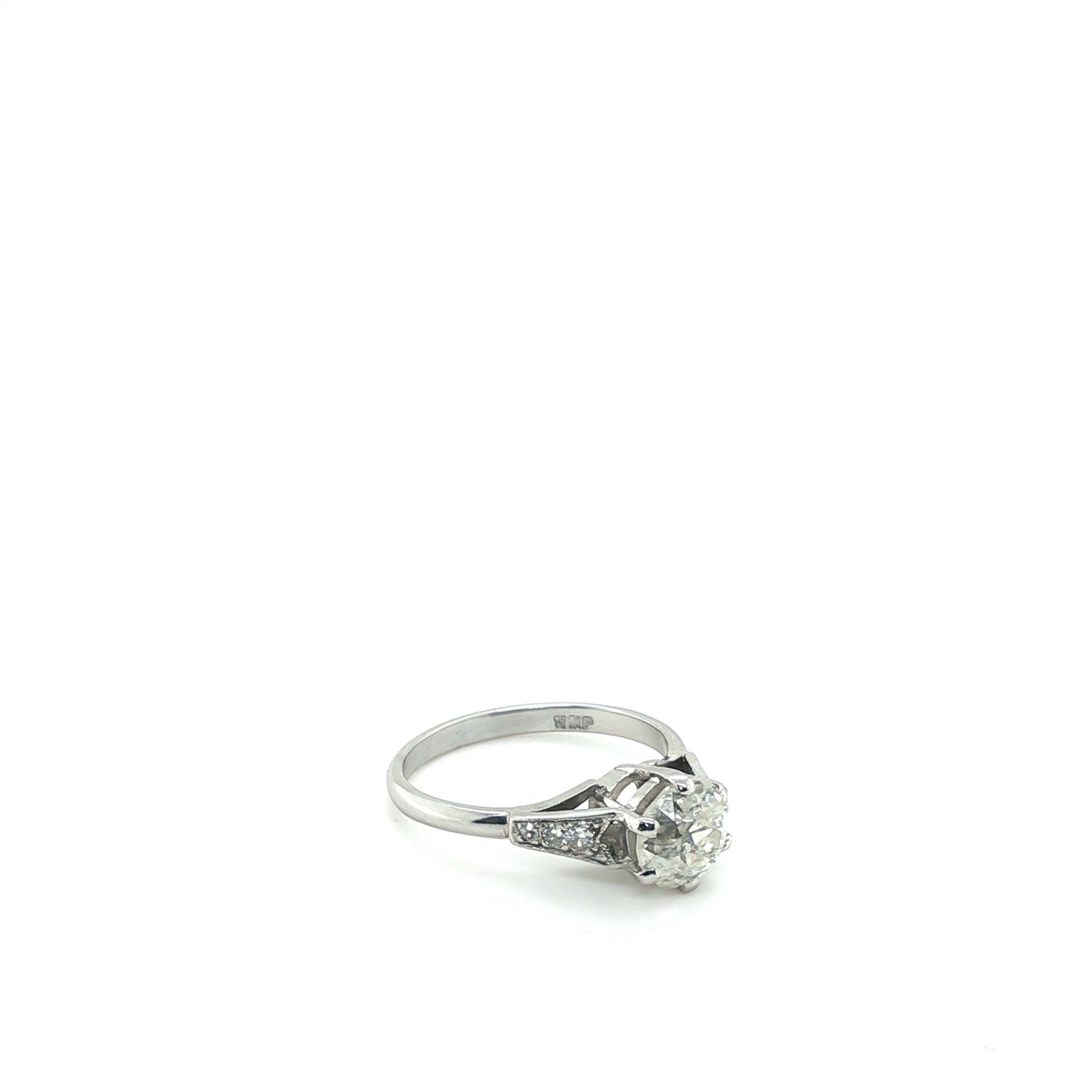 Round Brilliant Cut Diamond Solitaire Ring with Pave Accented Shoulders in White Gold