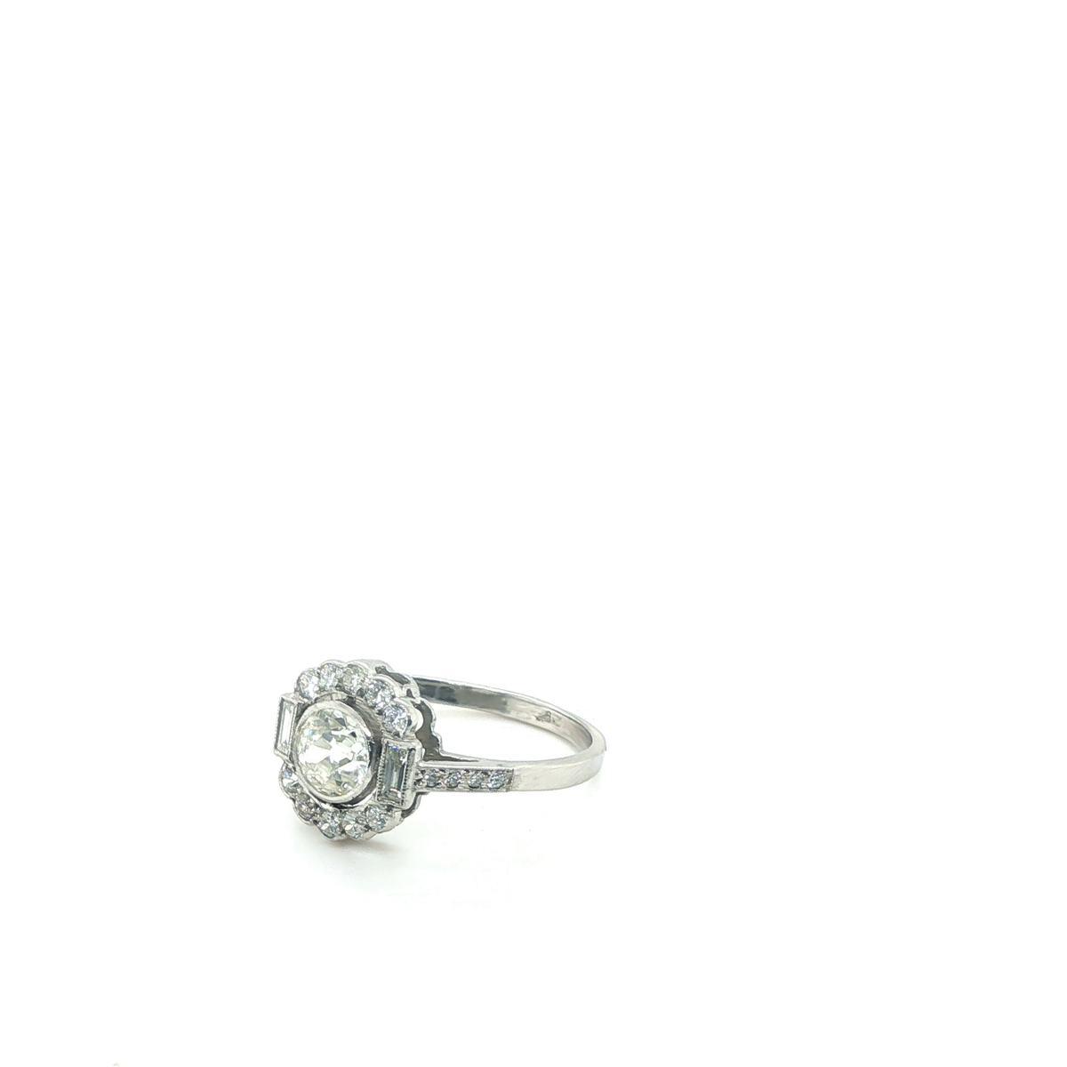 Old European Cut Diamond Scalloped Halo Engagement Ring with Baguette Accents