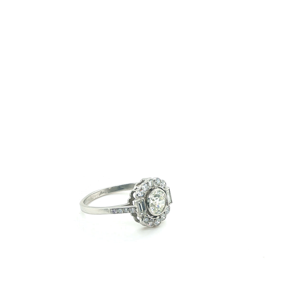 Old European Cut Diamond Scalloped Halo Engagement Ring with Baguette Accents
