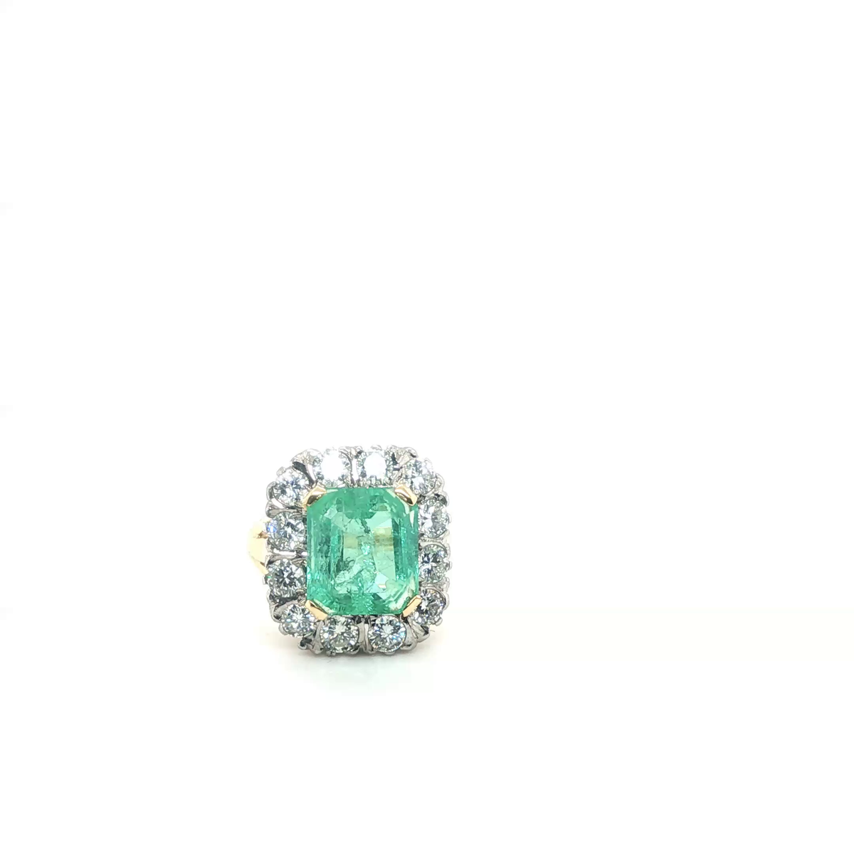 Emerald-Cut Emerald and Diamond Halo Cocktail Ring in Yellow Gold