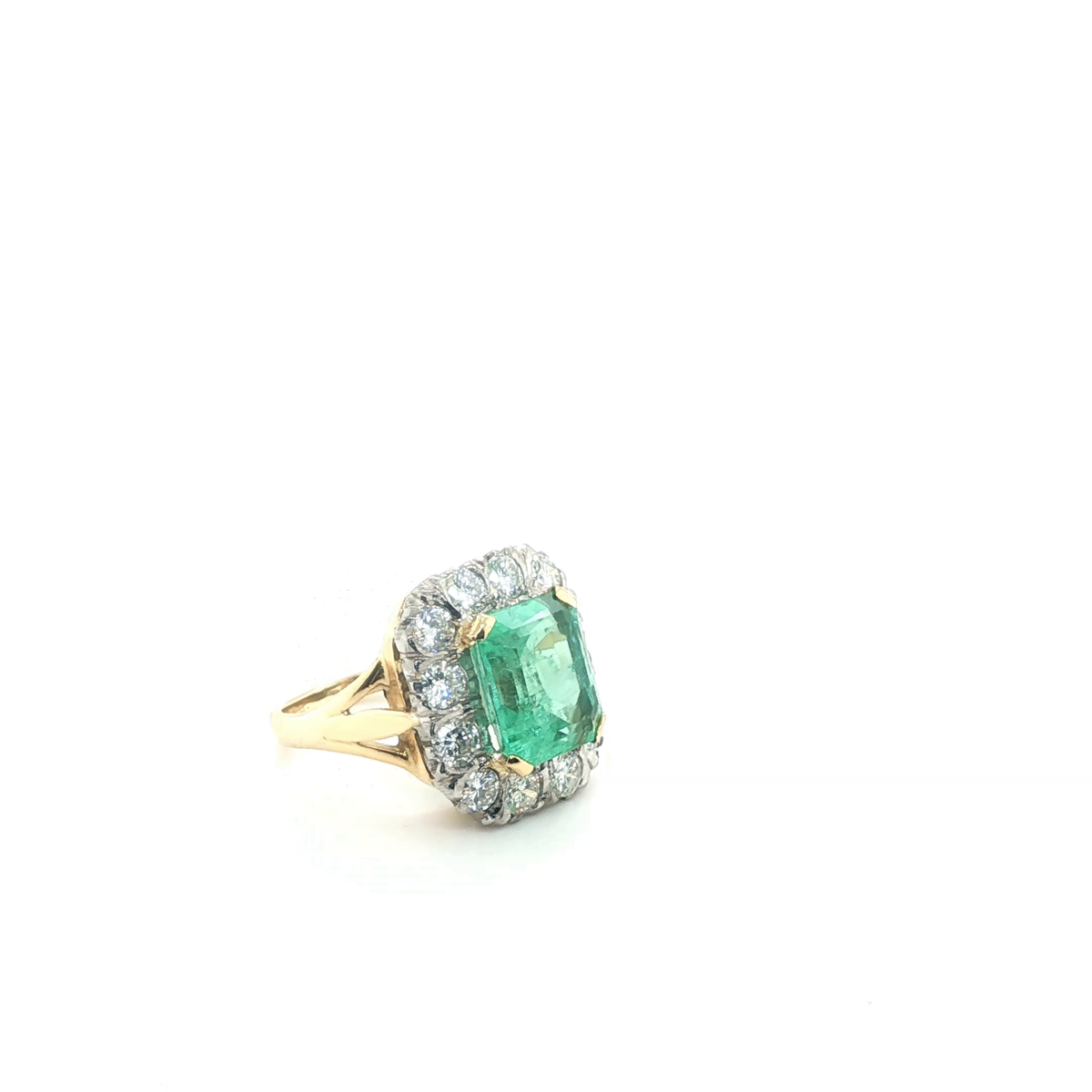 Emerald-Cut Emerald and Diamond Halo Cocktail Ring in Yellow Gold