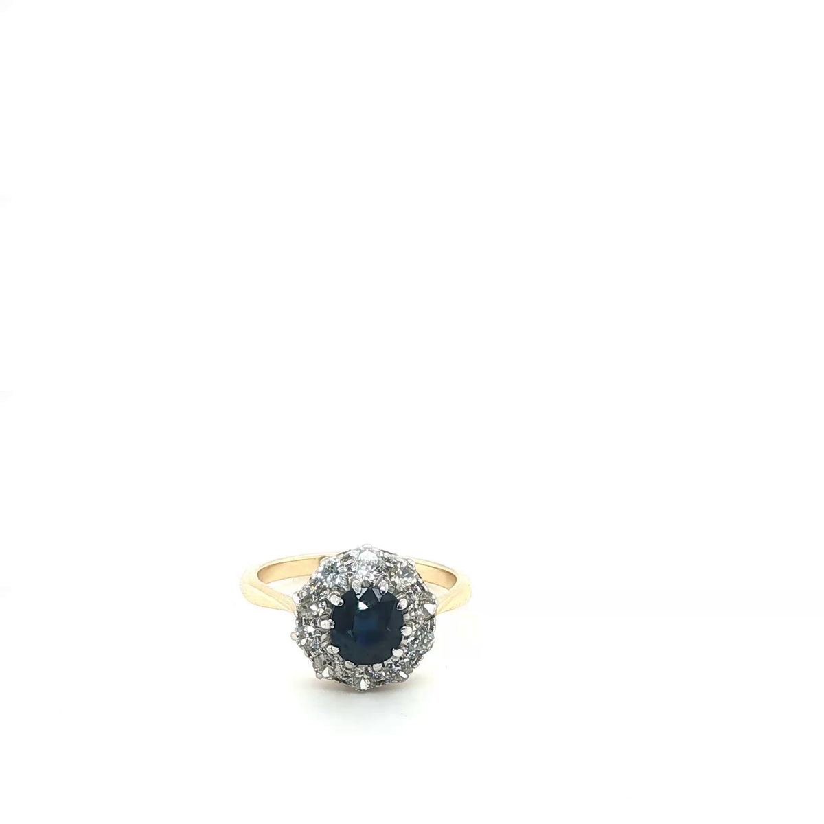 Oval Deep Blue Sapphire and Diamond Cluster Halo Cocktail Ring in Two-Tone Gold
