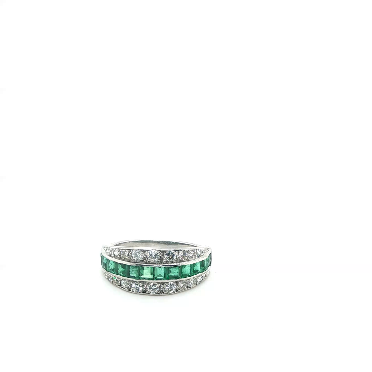 White Gold Triple-Row Band with Step-Cut Emeralds and Round Brilliant Diamonds