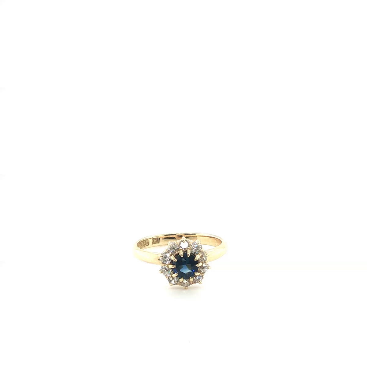 Round Brilliant Blue Sapphire and Diamond Halo Cluster Ring in Yellow Gold
