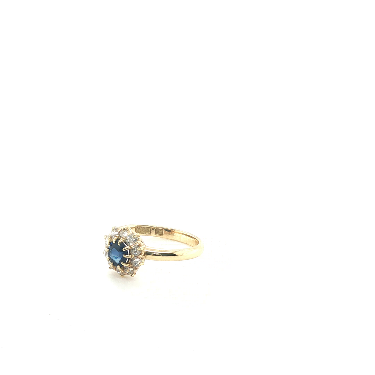 Round Brilliant Blue Sapphire and Diamond Halo Cluster Ring in Yellow Gold