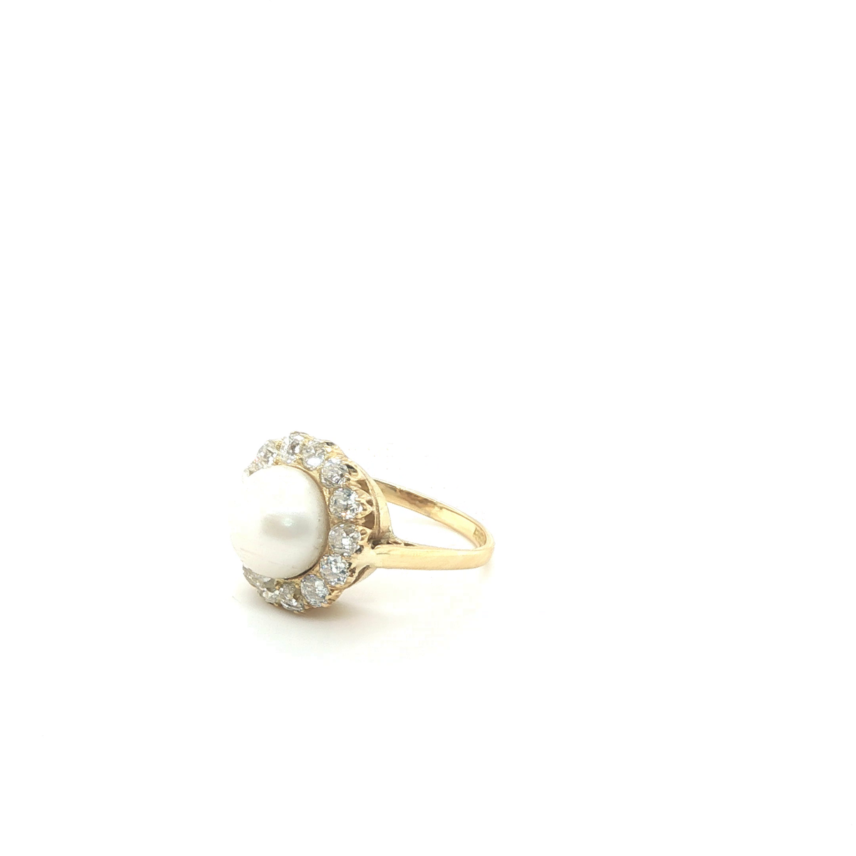 Vintage Pearl and Diamond Halo Cocktail Ring in Yellow Gold