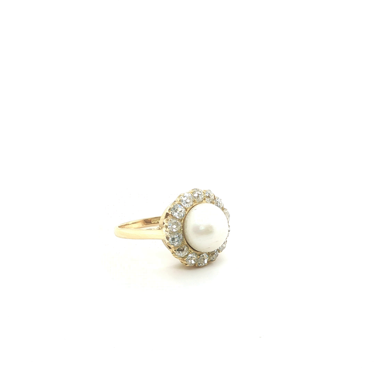 Vintage Pearl and Diamond Halo Cocktail Ring in Yellow Gold