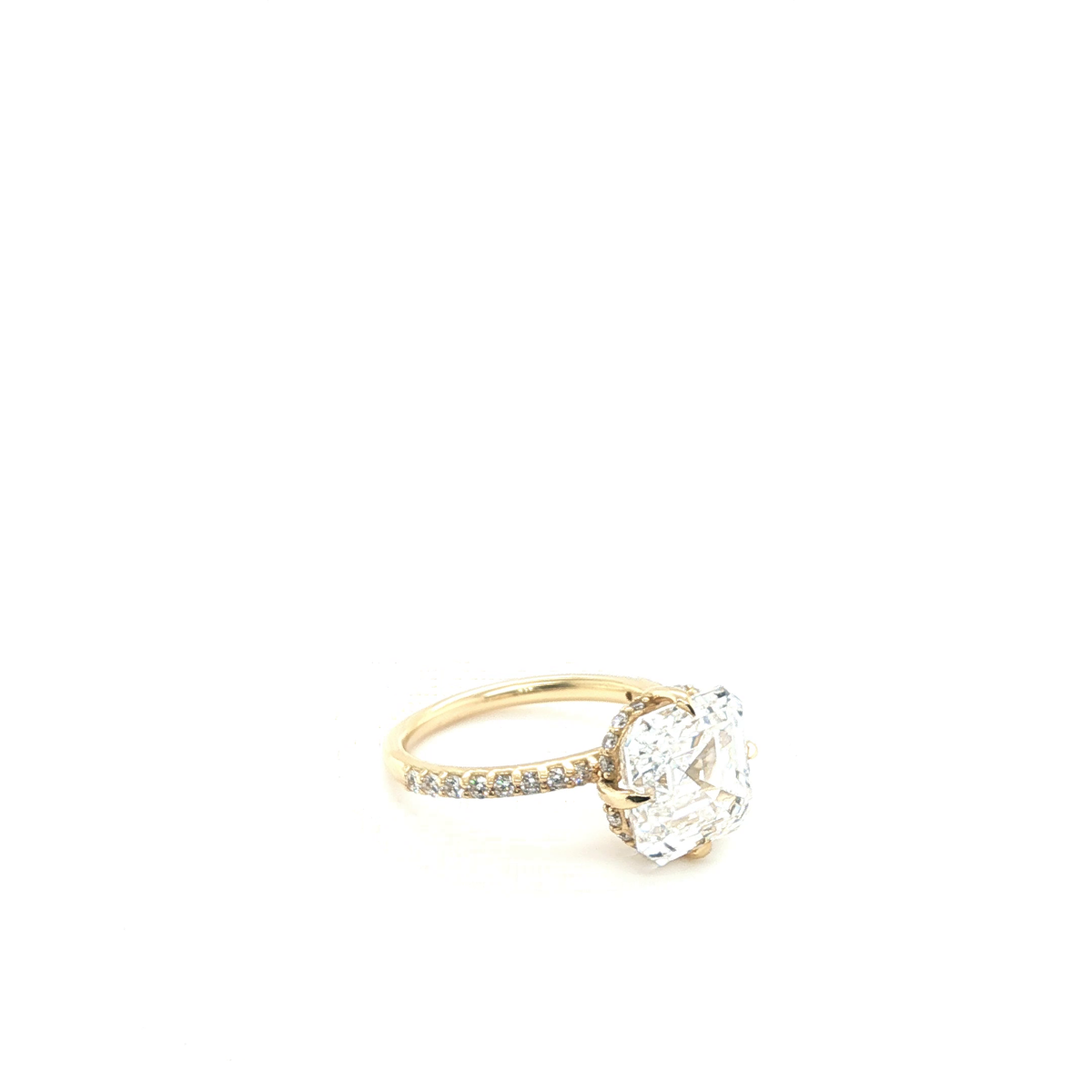 Asscher Cut Lab-Grown Diamond Solitaire Engagement Ring in 18k Yellow Gold Pave Band