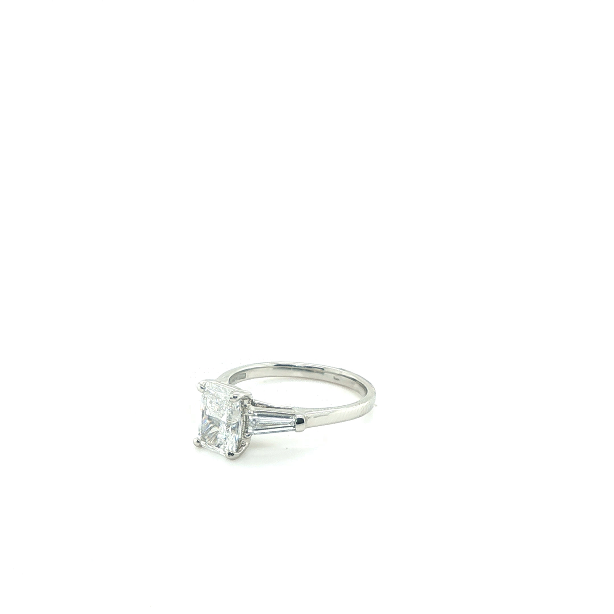 Radiant-Cut Lab-Grown Diamond Three-Stone Ring with Tapered Baguette Accents