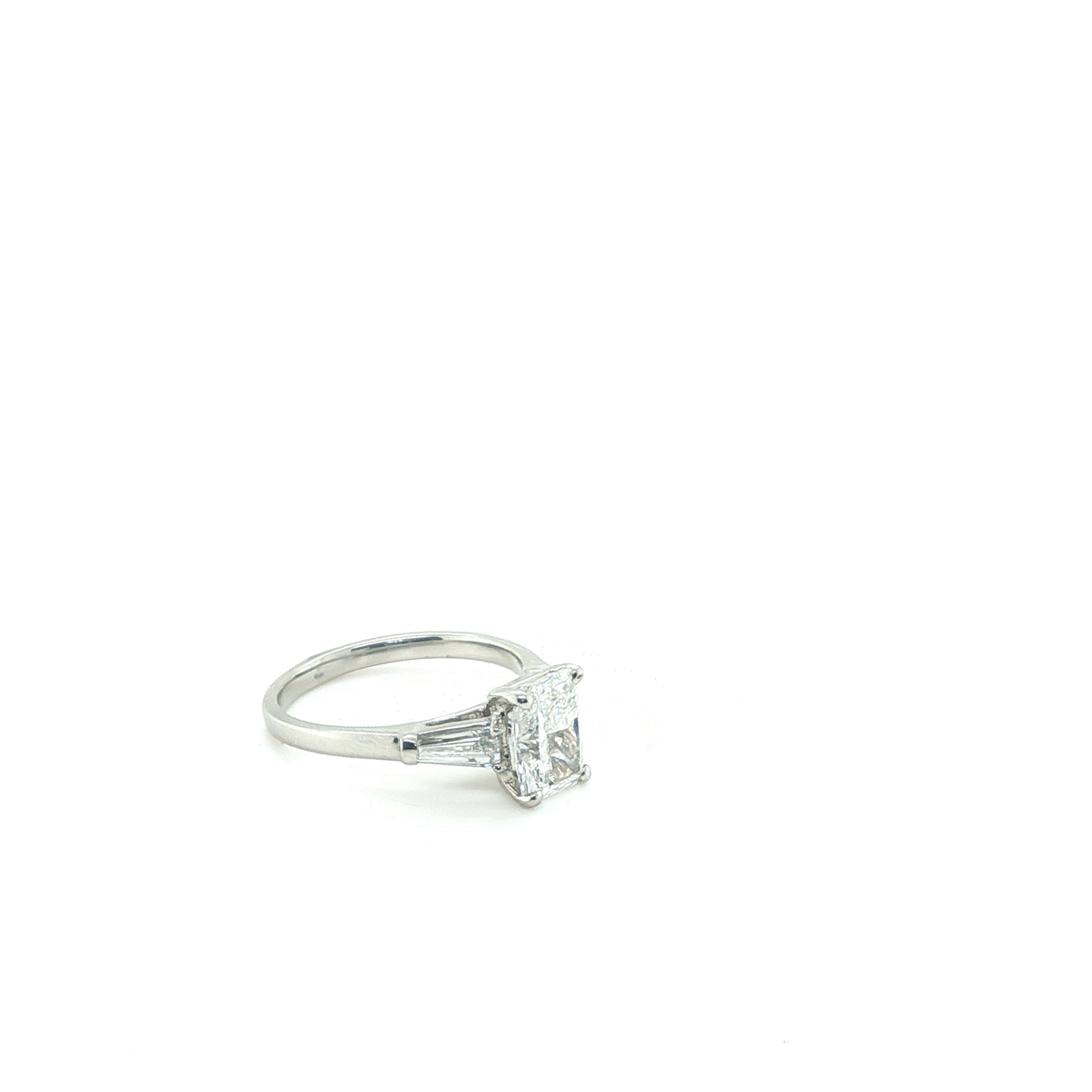 Radiant-Cut Lab-Grown Diamond Three-Stone Ring with Tapered Baguette Accents