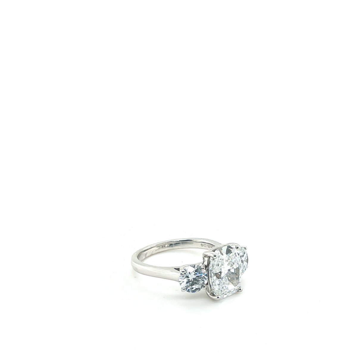 Cushion Cut and Round Brilliant Lab-Grown Diamond Three-Stone Ring in Platinum