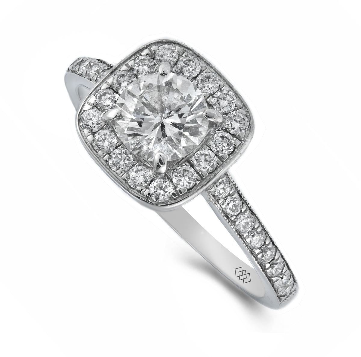 Ring - Round Brilliant Cut Diamond Grain Set Halo Ring