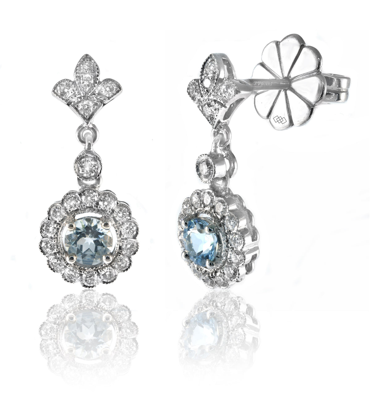Earrings - Round Brilliant Cut Aquamarine and Diamond Halo Drop Earrings