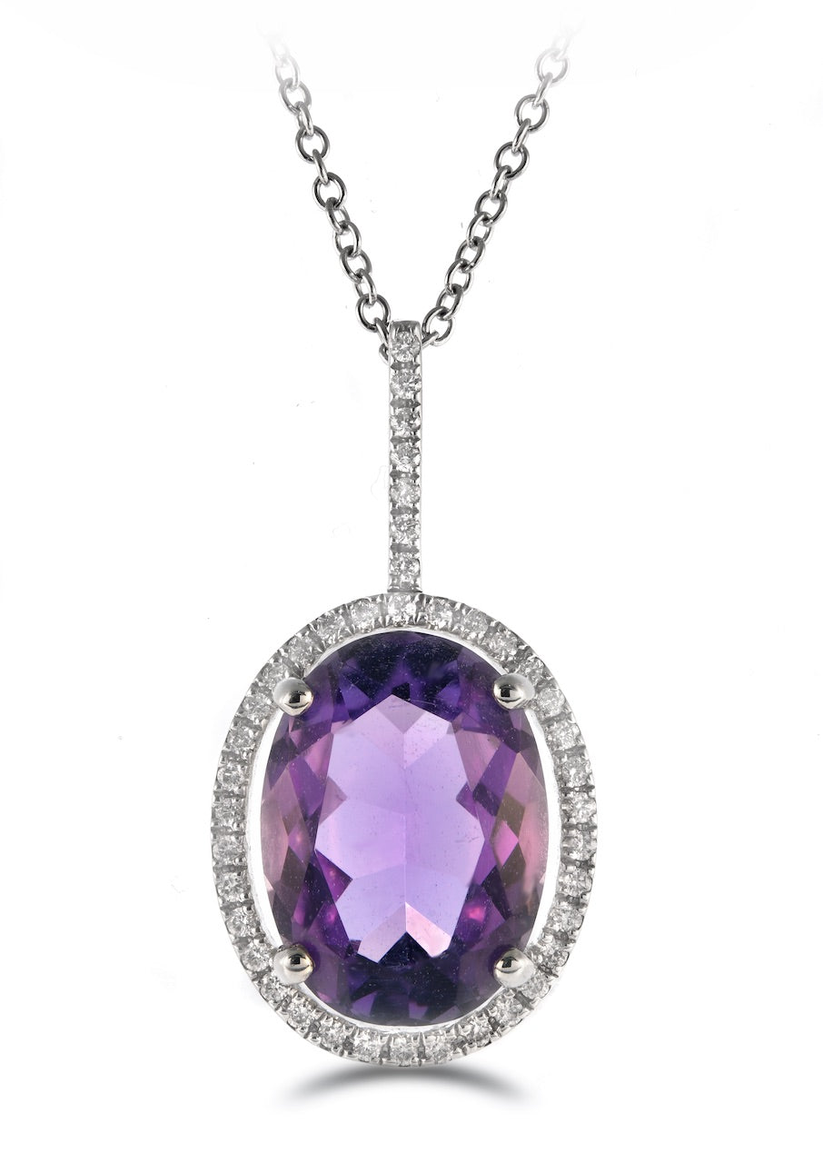Pendant - Oval Amethyst  Diamond Halo Pendant